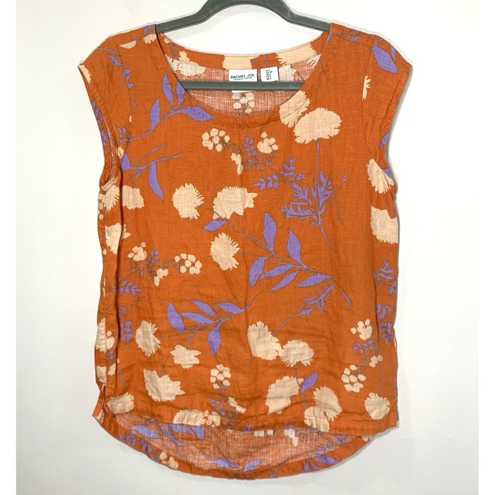Rachel‎ Zoe Linen Top Womens Small Orange Floral Cap Sleeve Boho Tunic Loose Fit